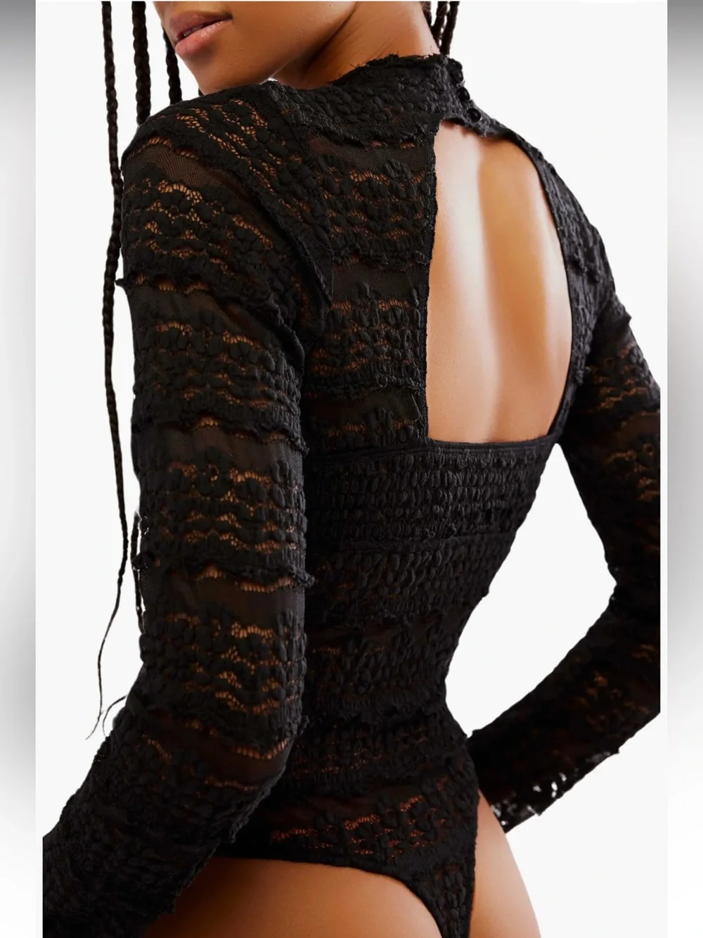 Free People Angelina Floral Lace Detail Bodysuit L Black